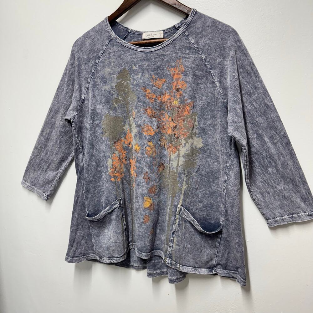 Jess & Jane M Acid Wash Floral Tunic Top Made USA Earthy Artsy Boho 90’s Cotton - Picture 3 of 13